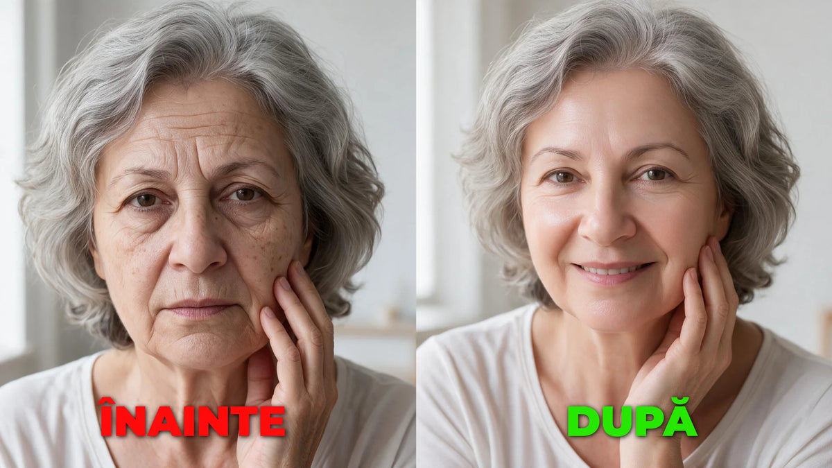 Femeie de 52 de ani, fotografie înainte și după trei luni de cură cu colagen